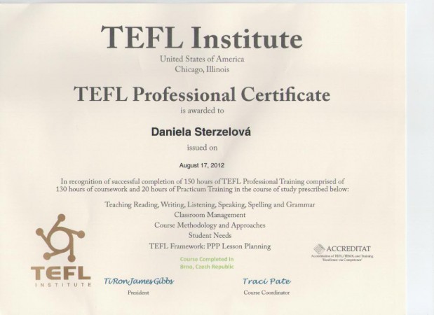 Doučování angličtiny Brno - certifikát TEFL